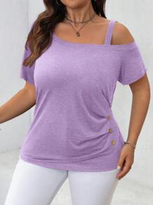 SHEIN LUNE Plus Size Summer Casual Solid Color Asymmetrical Neck T-Shirt