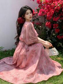 DAZY Full Floral V-Neck Lantern Sleeve Long Dress For Ladies - Pink - View 5