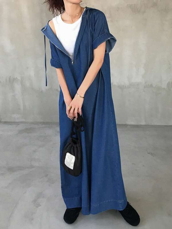 FRIFUL Women's Solid Color Hooded Zip-Up Casual Short Sleeve Denim Dress Women S Clothes Woman S Summer Clothes Women Summer Clothing Work Summer Dresses Women Plus Clothing Formal