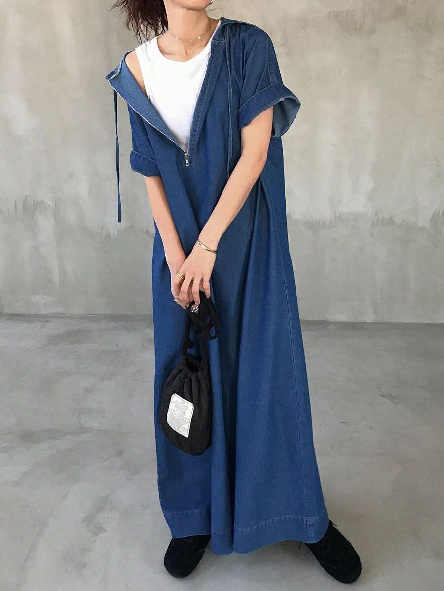 FRIFUL 女士纯色连帽拉链休闲短袖牛仔连衣裙 女装 夏季女装 工作夏季连衣裙 大码女装 正装 - 藍色 - 查看 1