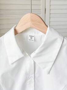SHEIN Blusa de manga corta de tejido sencillo informal para niñas preadolescentes