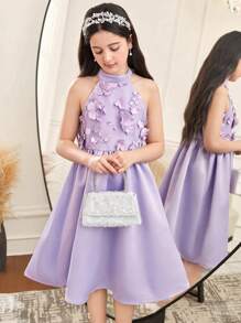 SHEIN 少女花卉贴花立领无袖优雅连衣裙 - 淡紫色 - 查看 3
