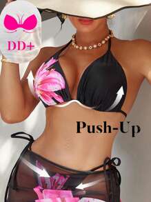Swim DD+ Top de bikini con estampado floral grande, tirantes de espagueti y espalda descubierta para mujer DD, vestimenta casual y de resort para el verano - Negro - Ver 1