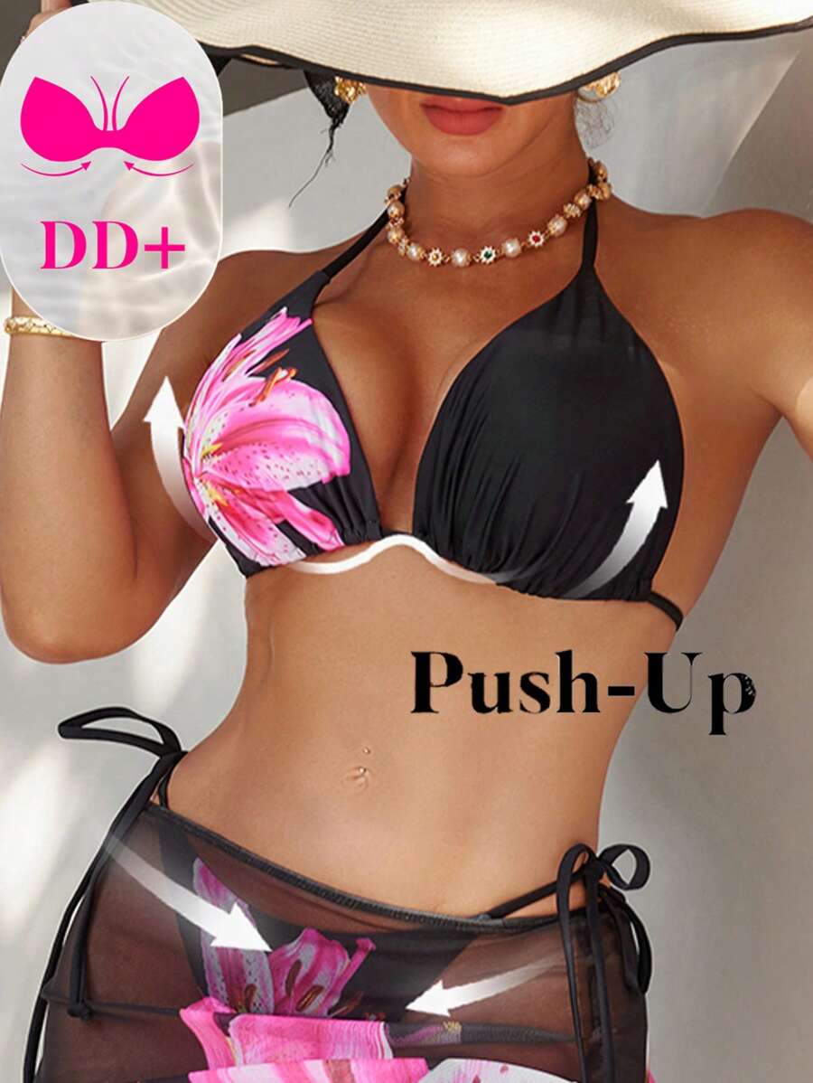 Swim DD+ Top de bikini con estampado floral grande, tirantes de espagueti y espalda descubierta para mujer DD, vestimenta casual y de resort para el verano - Negro - Ver 1