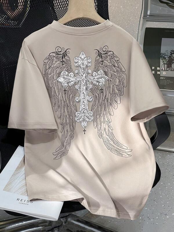 SHEIN Teen Boy Fashion Wing Cross Printed Short Sleeve T-Shirt