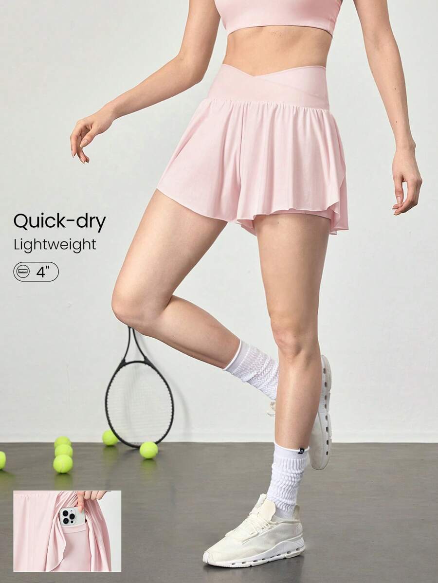 GLOWMODE Court Crusher Quick-Dry Crossover Waist Built-In Odor-Control Underwear Side Pocket Tennis Shorts Tennis Golf Pickleball Daily Casual Wear - Pink - View 1