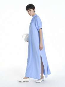 SHEIN Clasi Women's Elegant Casual Commuting Vacation Solid Color Mid-High Collar Raglan Sleeve Loose Side Slit Long Dress, Spring/Summer - Baby Blue - View 3