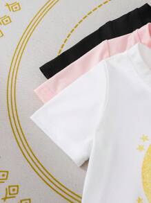 SHEIN 3pcs Baby Girl Casual Cute Eid Al-Adha Pattern Print Round Neck Short Sleeve T-Shirts, Soft Knit Fabric, Suitable For 6 Months - 3 Years Old, Great For Eid Celebration, Photos, Outdoor Activities, Daily, Multi-Color Set - Multicolor - View 5
