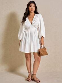 Elaquor Vestido informal de talla grande de manga farol en unicolor