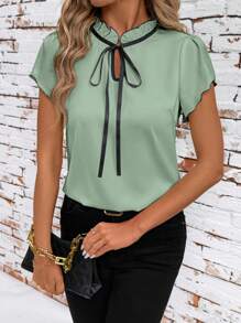 SHEIN Clasi Figurbetonte Damen Kontrastfarben Kurzarm Bluse Sommer für Lehrerinnen Land Sommer - Minzgrün - Übersicht 6