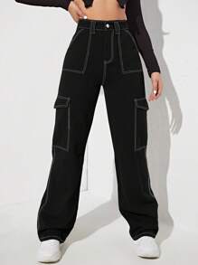 Flexra 女式简约前扣口袋牛仔长裤，休闲日常穿着 - 黑色 - 查看 4