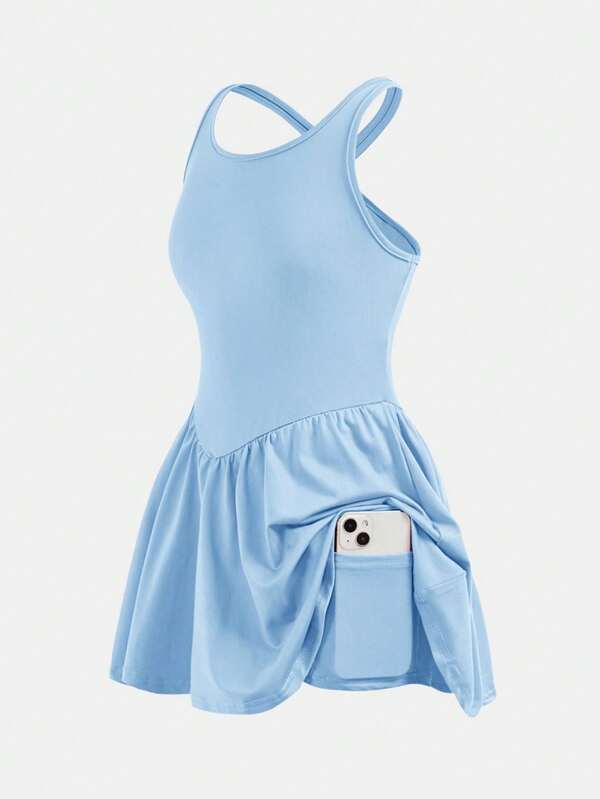 SHEIN Tween Girls Solid Color Casual Sports Racerback Dress For Daily Wear