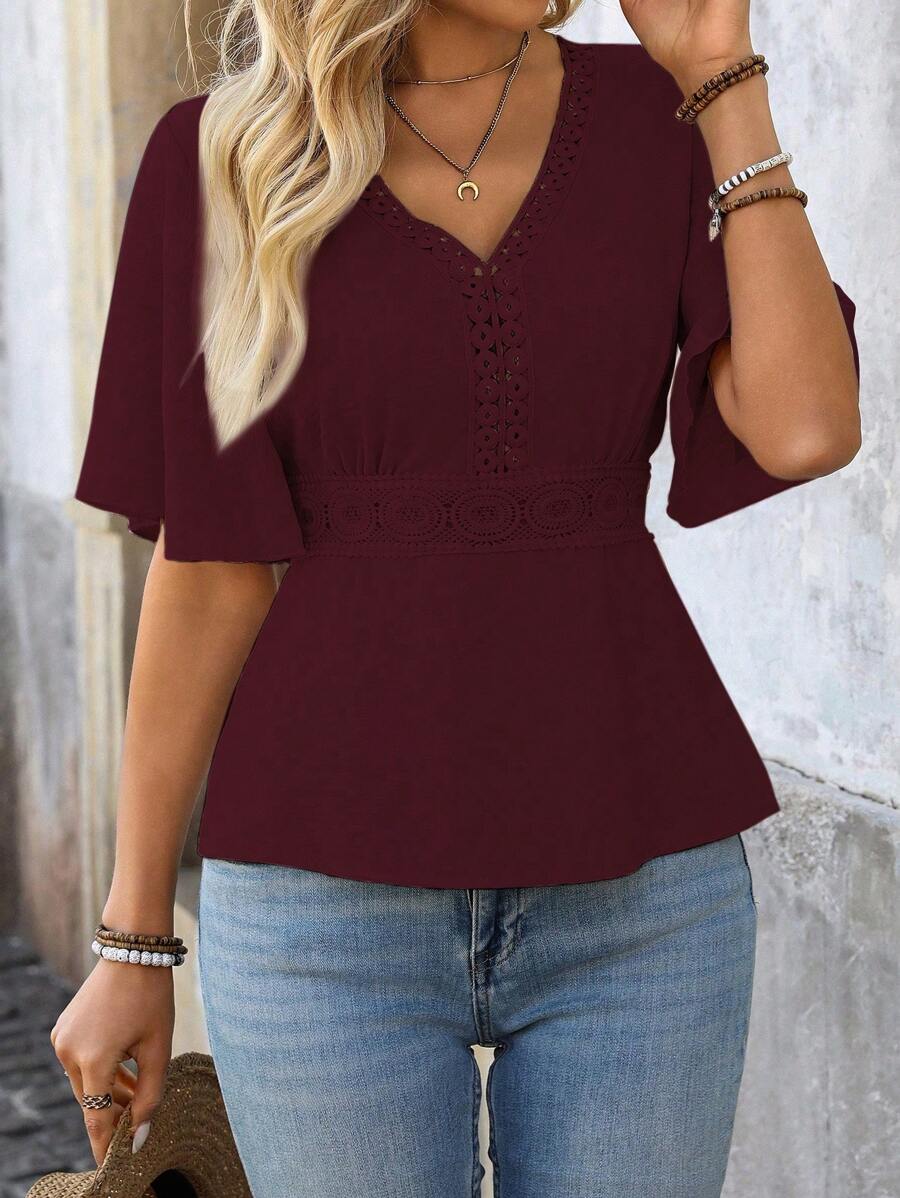 SHEIN Clasi Women's Lace Patchwork Waist Vacation Shirt - Burgundy - View 1