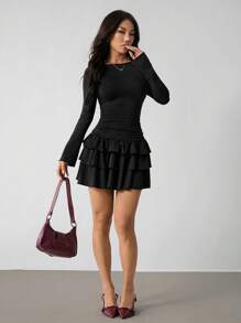 SHEIN PETITE 女士优雅纯色荷叶边下摆黑色长袖连衣裙