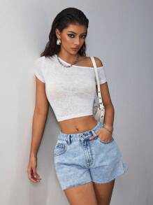 SHEIN EZwear Women's Casual Blue Denim Shorts - High-Waisted Short Jeans With Raw Hem Detail