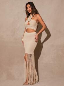 Silquee Romantic Valentine's, Date Night & Sexy Crochet Knit Cover Up Tank Vest, White, Hollow-Out Openwork Spring Summer Beach Wear - Beige - View 4