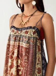 Florisole 女式复古乡村风格花卉印花流苏装饰吊带裙 - 紅色 - 查看 2