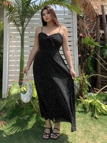 Dazy Plus Chiffon Polka Dot Spaghetti Strap Long Elegant Dress - Black - View 4