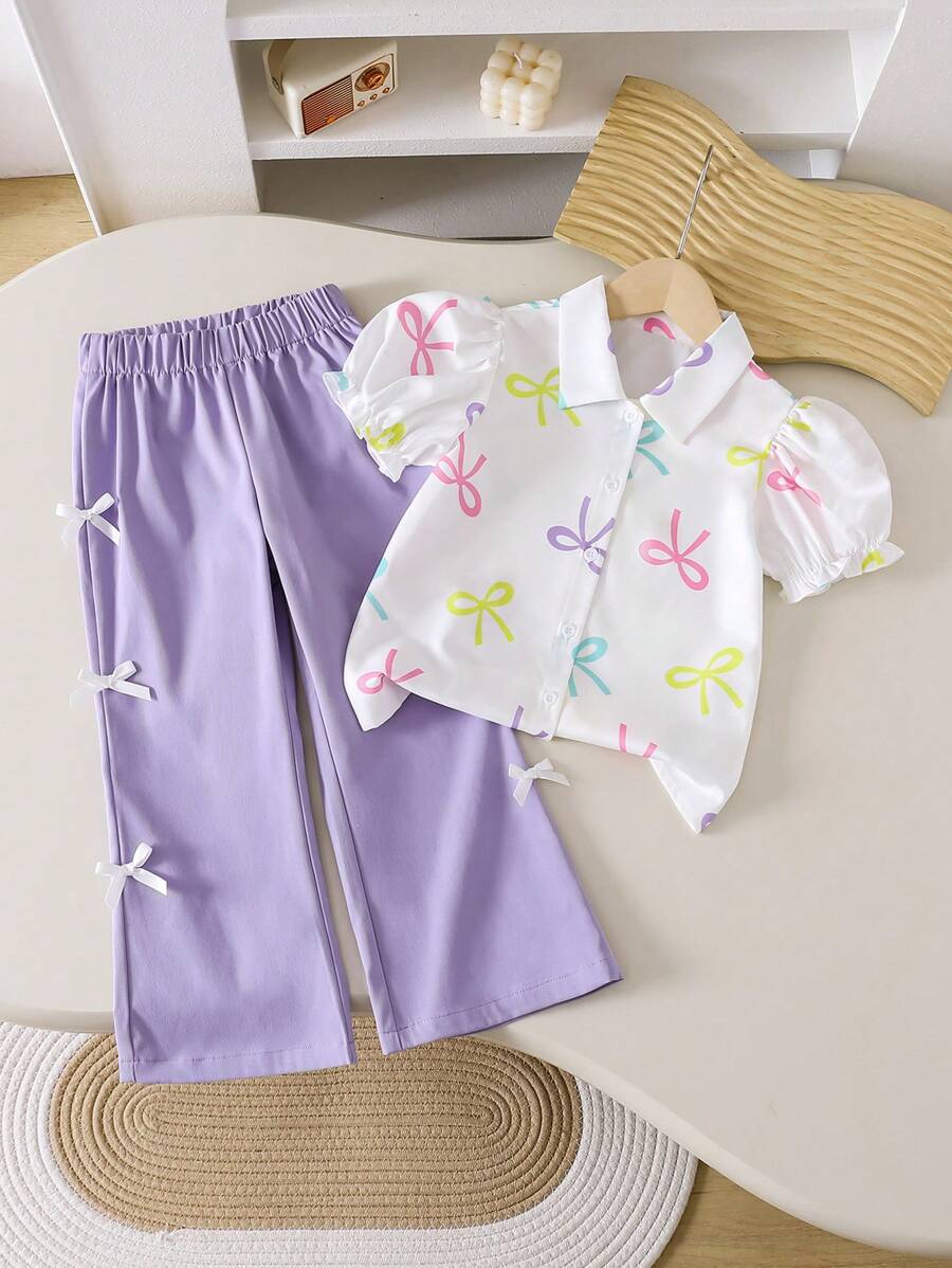 SHEIN Genkimix Kids 2 件套年轻女孩短袖衬衫和裤子时尚服装,适合夏季 - 彩色 - 查看 1