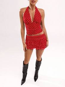 SHEIN BAE Women's Sexy Polka Dot Print Backless Halter Top, Summer - Red - View 4