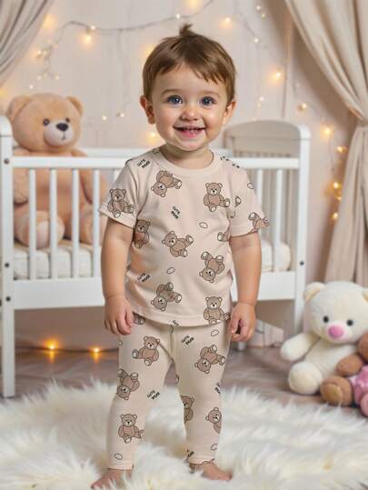 SHEIN Leap Crew Baby Boy Casual Minimalist Slim Fit Round Neck Comfortable Short Sleeve Pants Homewear, Snug Fit, Suitable For Spring & Summer