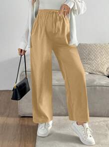 SHEIN Loose Fit Solid Color Straight Leg Casual Elastic Waist Women Pants - Khaki - View 4
