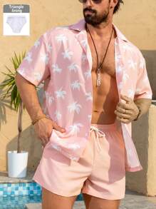 Manfinity Swimmode Men's Casual Beach Set Short Sleeve Shirt & Shorts, Simple & Fashionable For Daily Wear Men Swim Trunks,Hawaiian