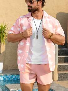 Manfinity Swimmode Men's Casual Beach Set Short Sleeve Shirt & Shorts, Simple & Fashionable For Daily Wear Men Swim Trunks,Hawaiian