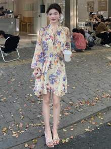 DAZY Full Floral Print Loose Long Sleeve Cinched Waist Casual Vacation Shorts Jumpsuit For Women, Summer,Ruffle Boho Rompers For Women - Purple - View 4