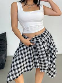 Flirla Set casual da 2 pezzi da donna taglie forti, composto da top a canotta con scollo quadrato in tinta unita e gonna a quadri con fiocco davanti - Bianco - Visualizzare 1