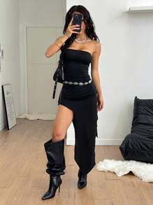 Coolane 女士夏季街头服饰 Y2K 俱乐部服装性感音乐会音乐节无袖不对称连衣裙 - 黑色 - 查看 3