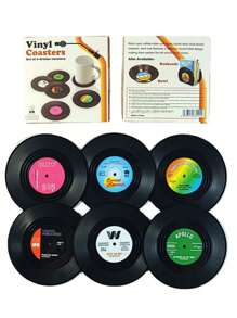 SHEIN 6 件装复古黑胶唱片杯垫，防滑耐热 CD 杯垫，带礼品盒、咖啡杯垫 - 彩色 - 查看 6