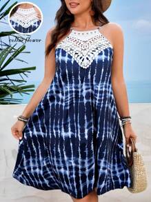 Breezaya 大码女式无袖可调节细肩带扎染花卉刺绣宽松弹力针织蓝色连衣裙，度假装 - 彩色 - 查看 6