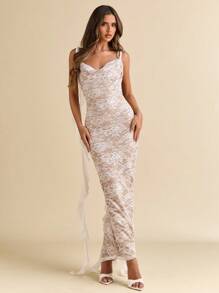 SHEIN BAE 女士优雅荷叶边30D立体花朵连衣裙夏季海边度假白色蕾丝长裙婚宴伴娘服开学季连衣裙夜场度假服性感露背夏季女装/春装/情人节装/狂欢节/沙滩度假装，波西米亚 - 白色 - 查看 4