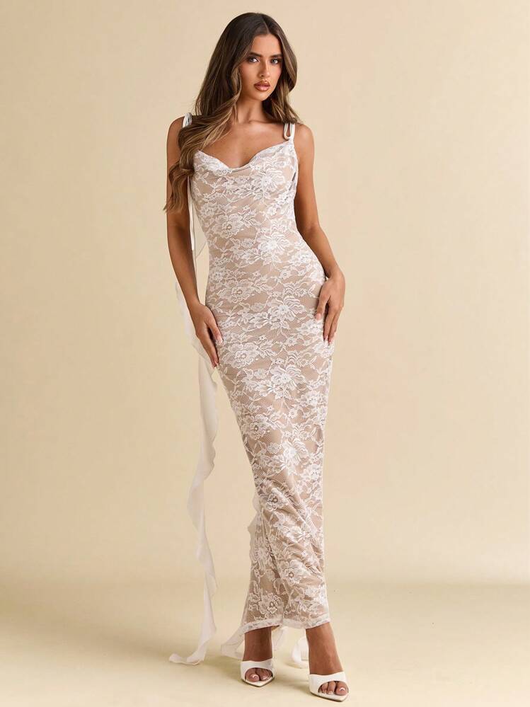 SHEIN BAE Women's Elegant Ruffled 30D Three-Dimensional Flower Dress Summer Seaside Vacation White Lace Long Dress Wedding Banquet Bridesmaid Dress School Season Dress Night Out Holiday Dress Sexy Backless Summer Outfits For Women/Spring Clothes/Valentine's Day Outfit/Carnival/Beach Vacation Outfits,Bohemia,Valentine's Day,Valentine Outfits For Women - White - View 4