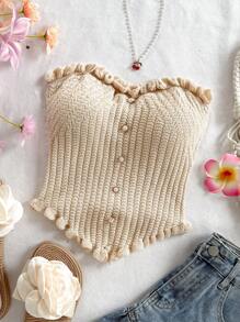 Soleia 女士纽扣设计休闲荷叶边下摆针织吊带背心 - 米色 - 查看 5