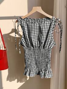 Comfortcana Women's Casual Black Plaid Woven Racerback Tank Top, Summer,Rave Top - Black - View 6