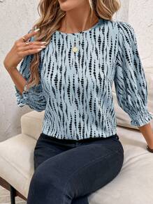 SHEIN Clasi Women's Casual Baby Blue Woven Fabric Blouse With Shirred Details And Three-Quarter Sleeves - Baby Blue - View 6