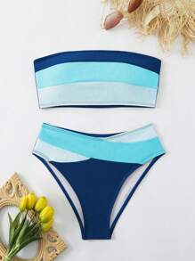 Swim Vcay Conjunto de bikini de mujer con Top tipo bandeau a rayas, traje de baño sexy - Celeste - Ver 7