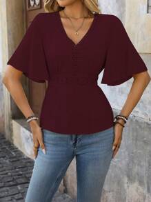 SHEIN Clasi Women's Lace Patchwork Waist Vacation Shirt - Burgundy - View 4