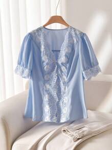 CosyJoli Plus Size Casual Embroidered Blue And White Striped Shirt - Blue and White - View 4