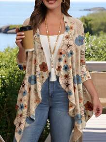 EMERY ROSE Plus Size Women Khaki Ditsy Floral Long Sleeve Jacket, Suitable For Autumn/Winter Fall - Multicolor - View 2