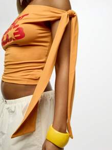 SUMWON WOMEN 俱乐部不对称肩带细节短款上衣夏季节日派对俱乐部舞蹈表演休闲街头服饰 Y2K 时尚宣言上衣 - 黃色 - 查看 7