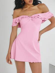 Easelle Women Classic Solid Color Ruffle Off Shoulder Slim Fit Dress - Baby Pink - View 3