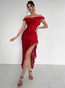 Firerie Đầm dài lưới phủ nhung hở vai thanh lịch và lãng mạn tối giản cho nữ, thích hợp cho ngày lễ tình nhân, hẹn hò, tiệc tùng, kỳ nghỉ - Màu Đỏ Sâu - Xem 5