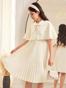 SHEIN Conjunto de 2 piezas para niñas preadolescentes que incluye un vestido cruzado con cuello Peter Pan, botones delanteros y cinturón de corbata, talla grande una prenda exterior
