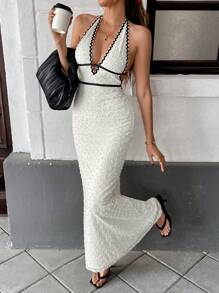 SHEIN Essnce Women's Sexy Deep V Neck Ruffle Trim Dress