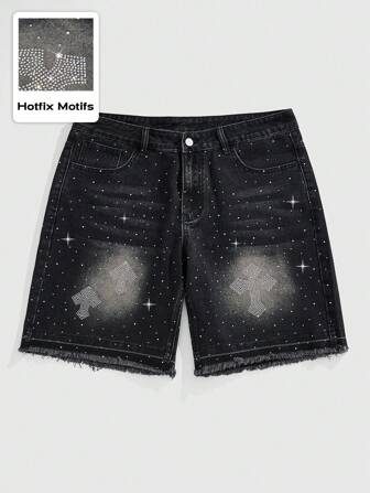 Street Life Men's Summer Fashionable Rhinestone Washed Denim Shorts Jorts