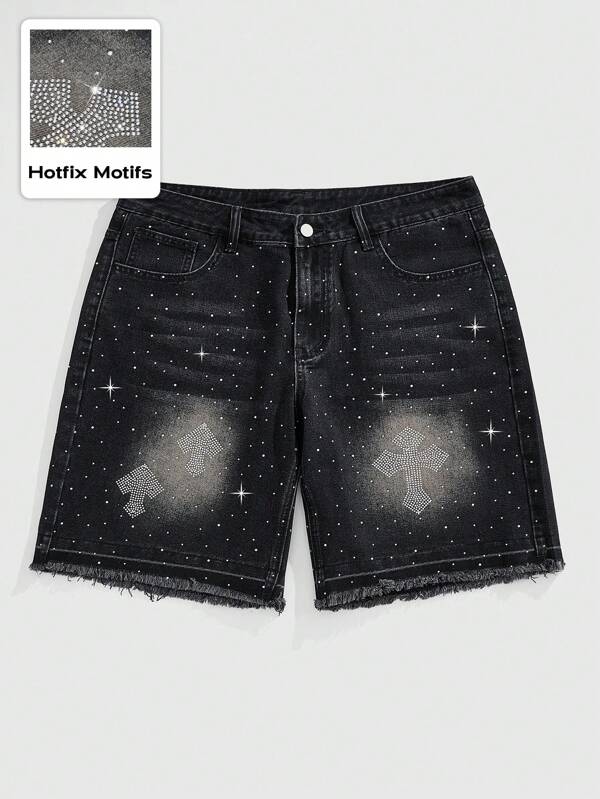 ROMWE MEN Street Life Men's Summer Fashionable Rhinestone Washed Denim Shorts Jorts