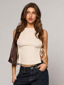 SHEIN BAE Summer Simple Fashion Street Ladies Apricot Cream Basic Side Strap Top,Sommer Top,Blusa Preta,Blusa Social,Spring Tops,Basic Tops,Vacation Outfits Women,Casual Top,Linen Top, - Black - View 3
